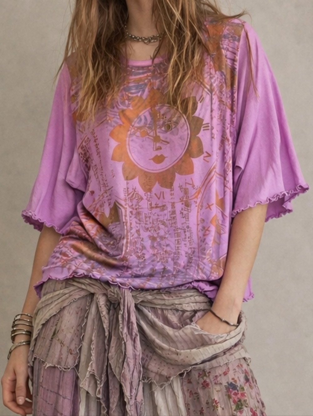 VTG Blue Fish Organic Cotton Hand-Painted Sun Guy Celestial Graphic Boho T-Shirt